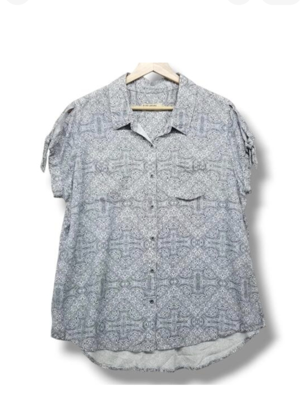 Ruff Hewn Tie Knot Short Sleeve Blouse Top Womens Large White Blue Rayon